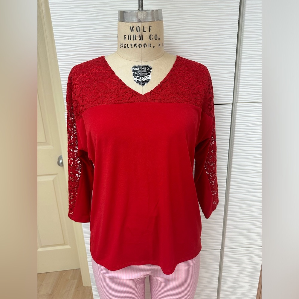 Red knit top with lace inset. JM Collection. Macy’s.